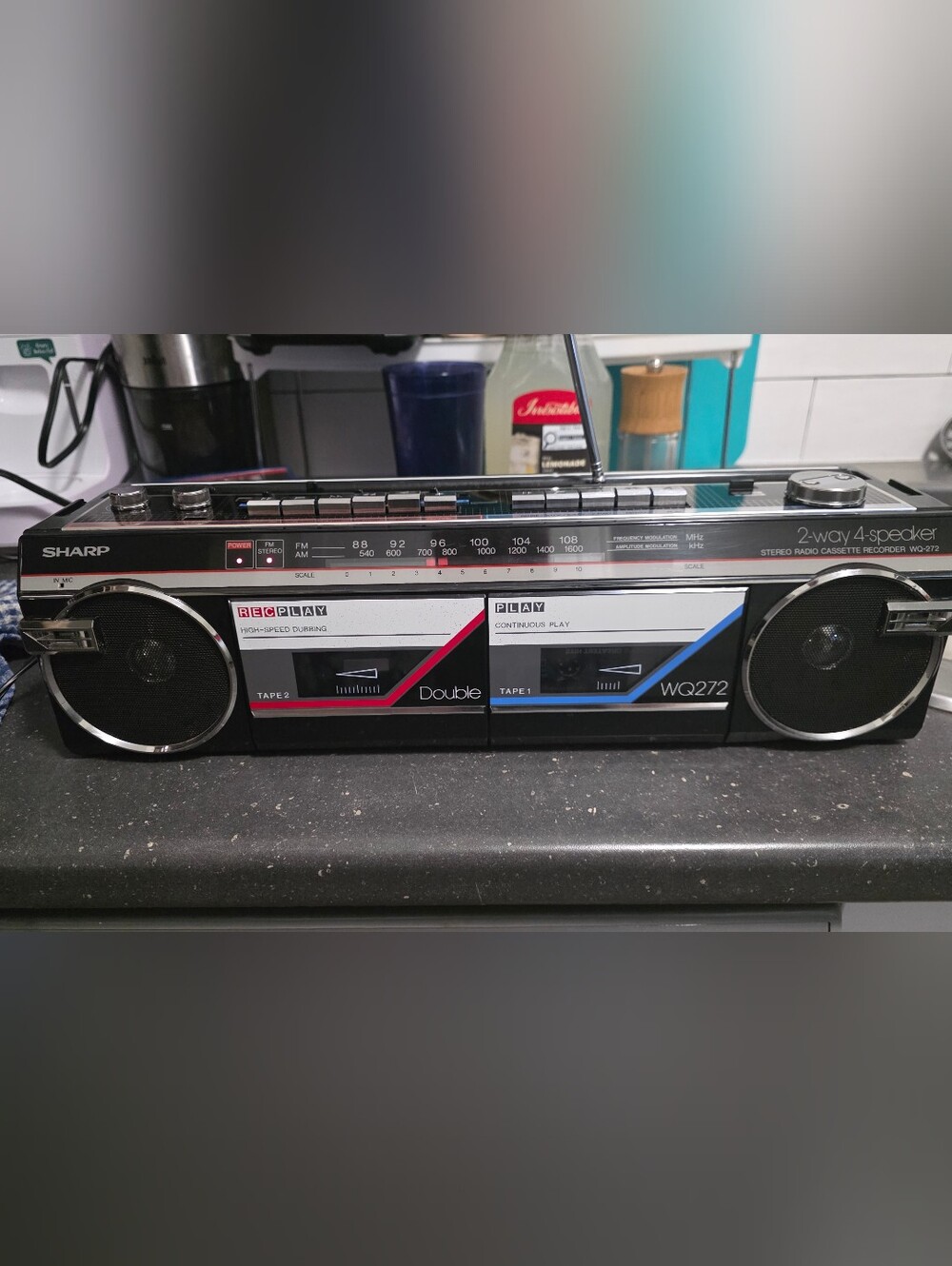 Sharp WQ-272C Double Cassette Stereo Recorder - Black with Red & Blue Accents
